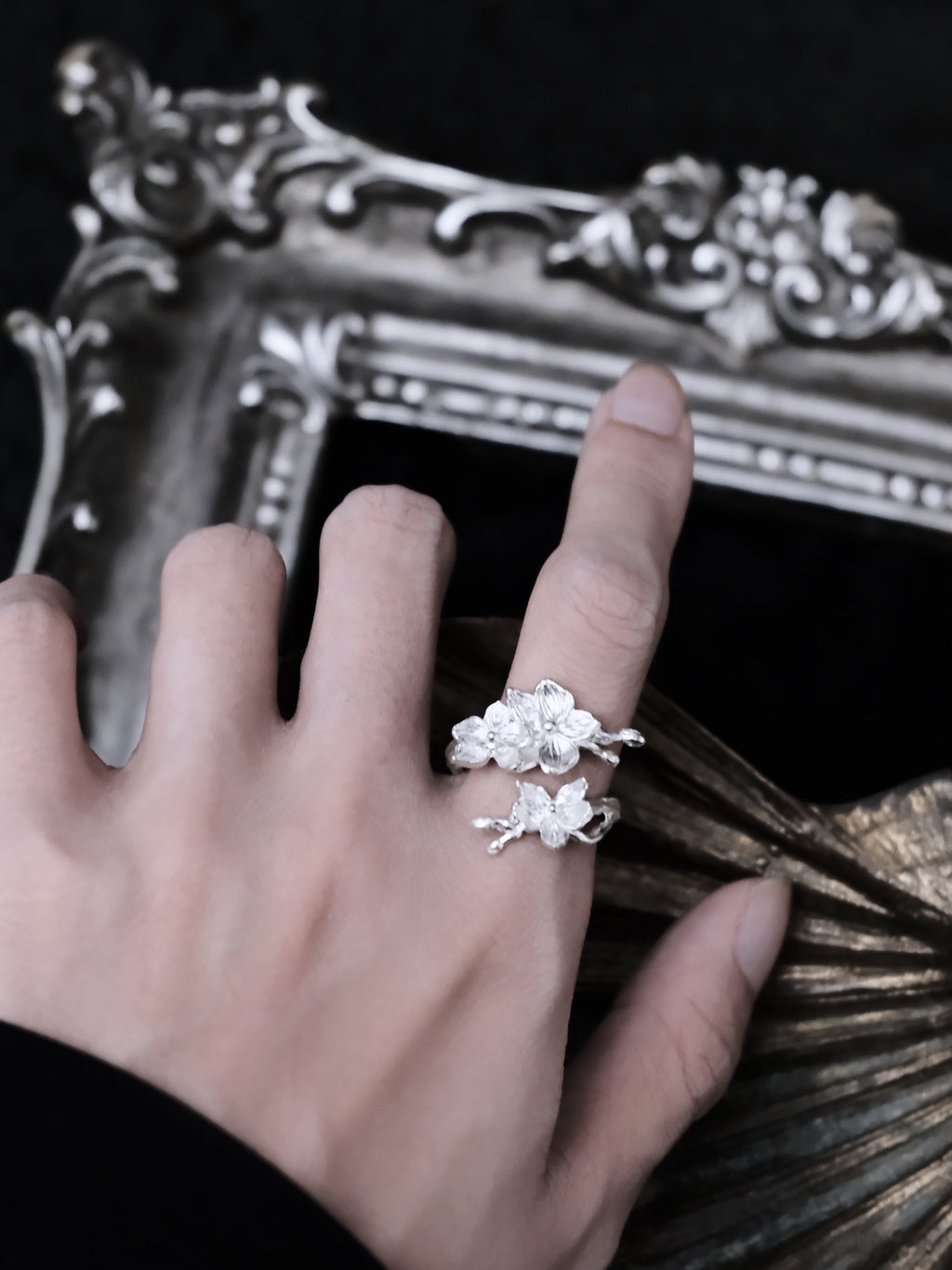 Moonlit Orchid Open Ring | Sterling Silver Butterfly Orchid Gothic Floral Ring