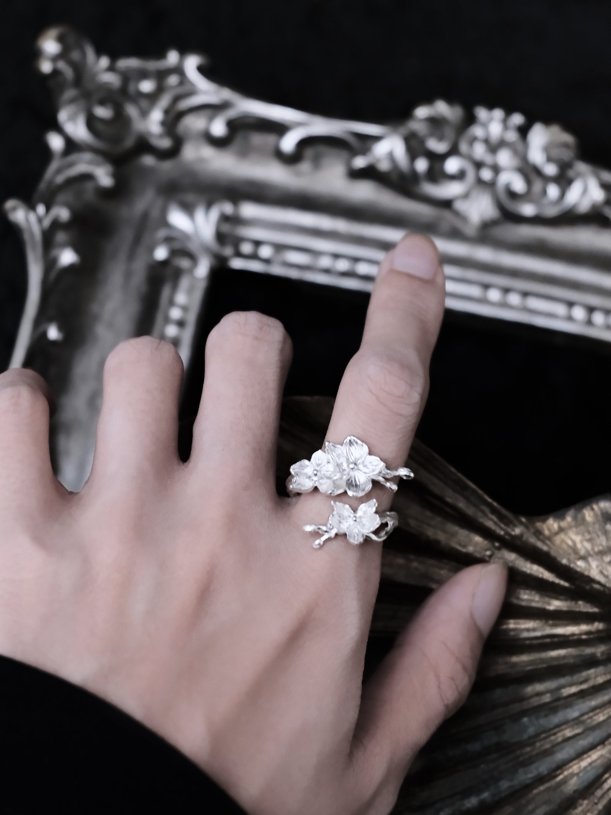 Moonlit Orchid Open Ring | Sterling Silver Butterfly Orchid Gothic Floral Ring