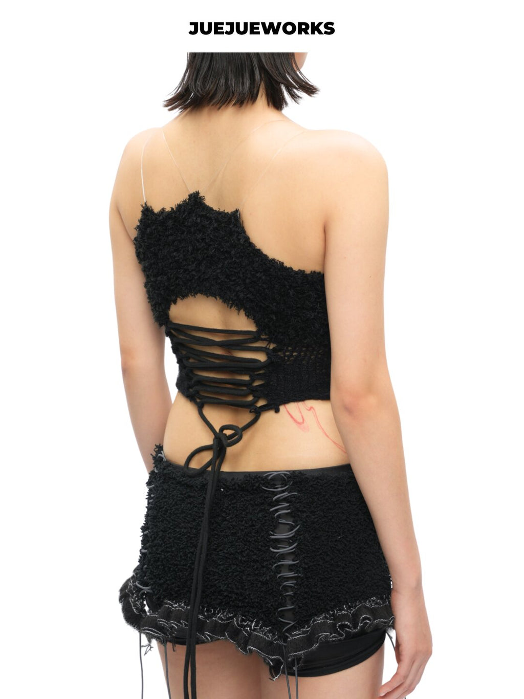 Black Feather-Trim Mesh Corset Top