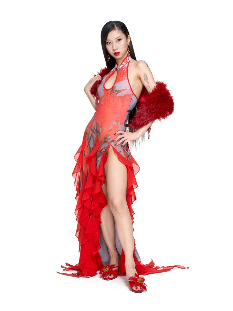 The Crimson "Metamorphosis" Neo-Chinese Ruffled Gown