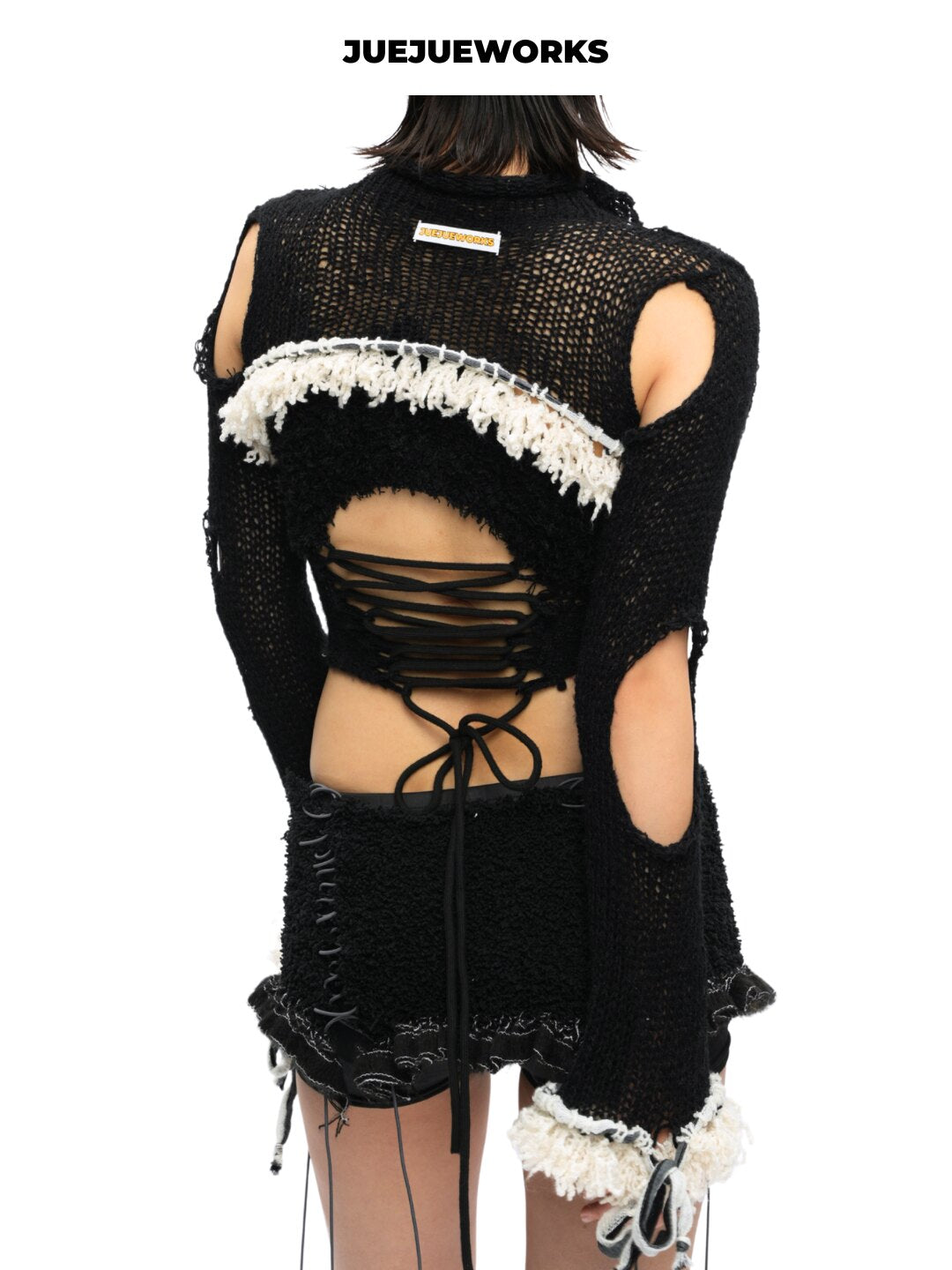 Black Feather-Trim Mesh Corset Top