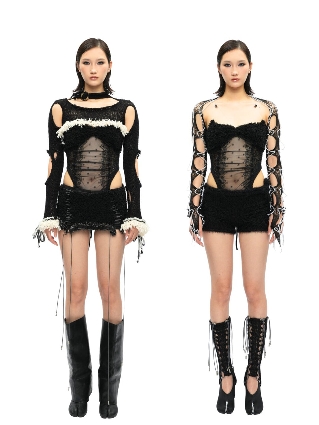 Black Feather-Trim Mesh Corset Top
