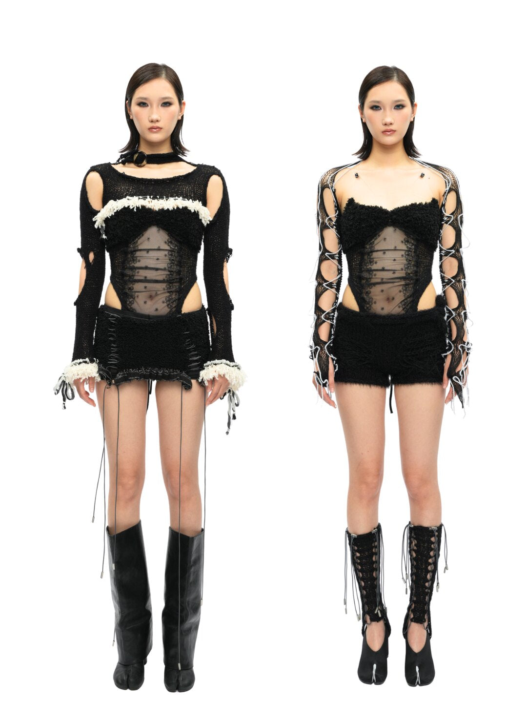 Black Feather-Trim Mesh Corset Top