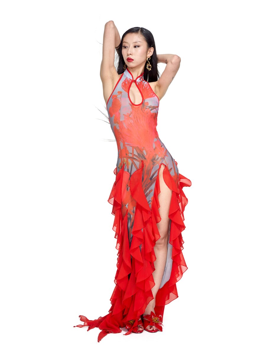 The Crimson "Metamorphosis" Neo-Chinese Ruffled Gown