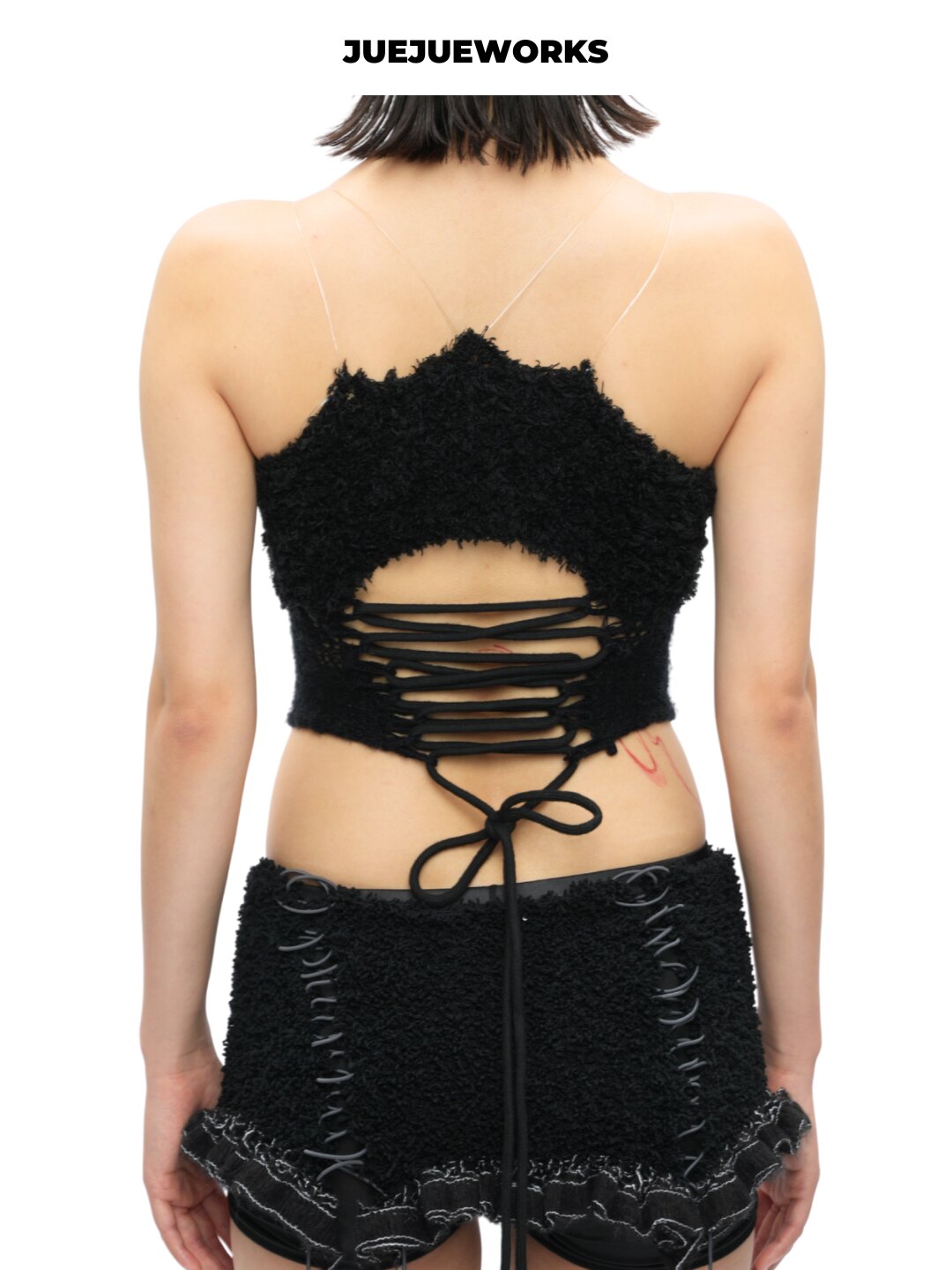 Black Feather-Trim Mesh Corset Top