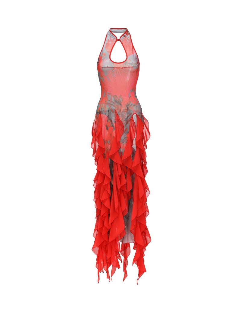The Crimson "Metamorphosis" Neo-Chinese Ruffled Gown