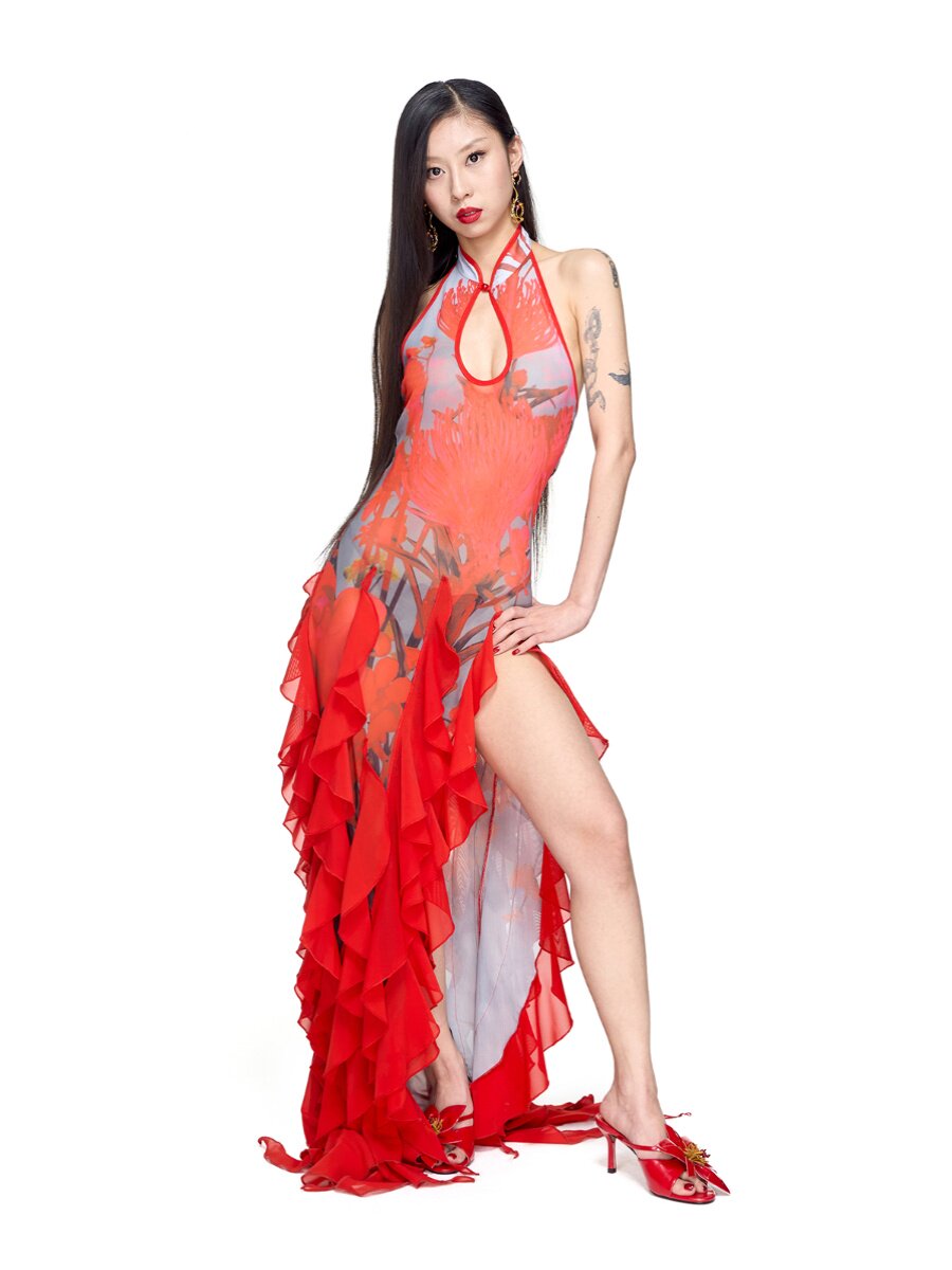 The Crimson "Metamorphosis" Neo-Chinese Ruffled Gown