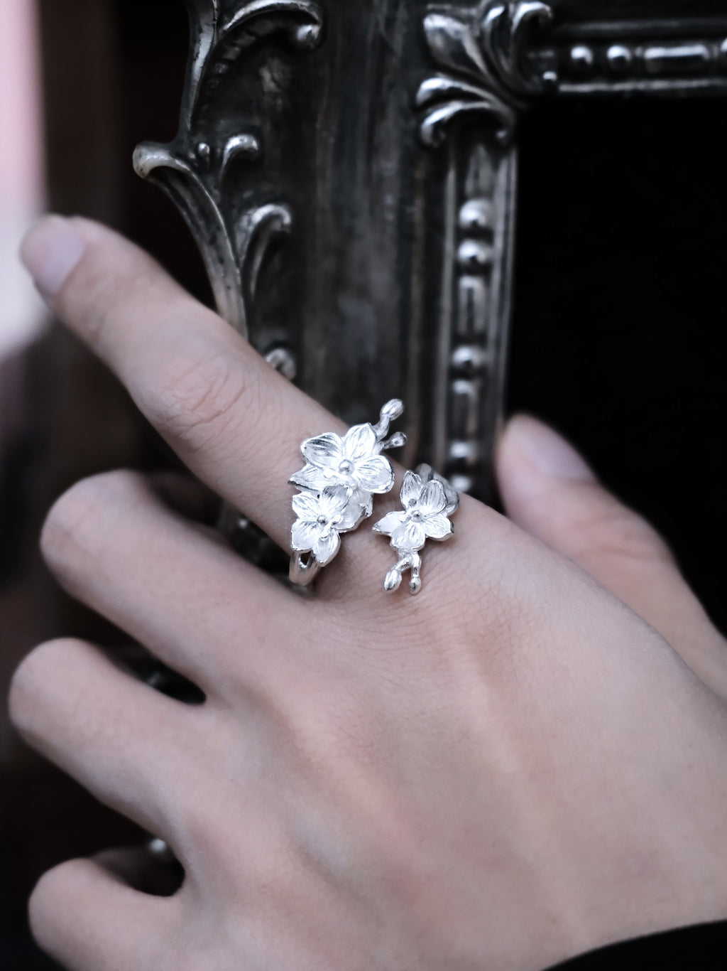 Moonlit Orchid Open Ring | Sterling Silver Butterfly Orchid Gothic Floral Ring