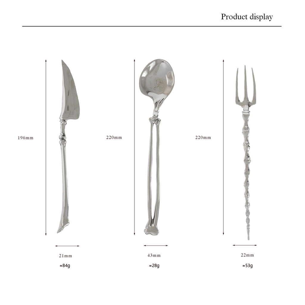 ingo | "Bony Ritual" Silver Cutlery Set – Artisan Bio-Organic Stainless Steel Knife, Fork & Spoon, Gothic Art Tableware