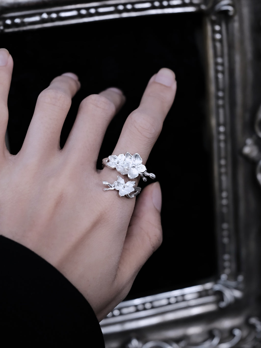 Moonlit Orchid Open Ring | Sterling Silver Butterfly Orchid Gothic Floral Ring
