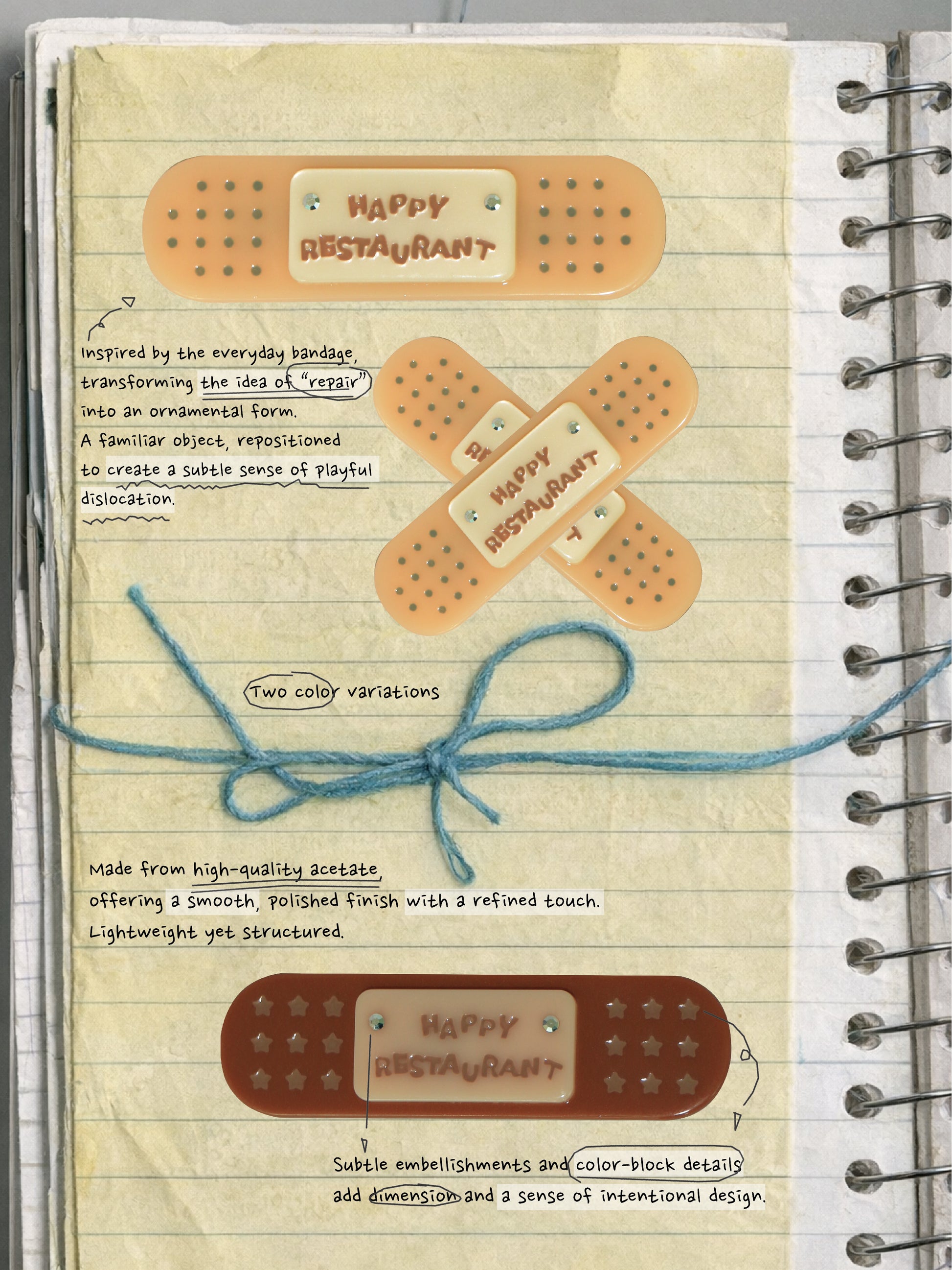 Happy Restaurant | "Band-Aid" Hair Clip Set – Acetate Artisan Hair Pin, Playful Y2K Bangs Clip