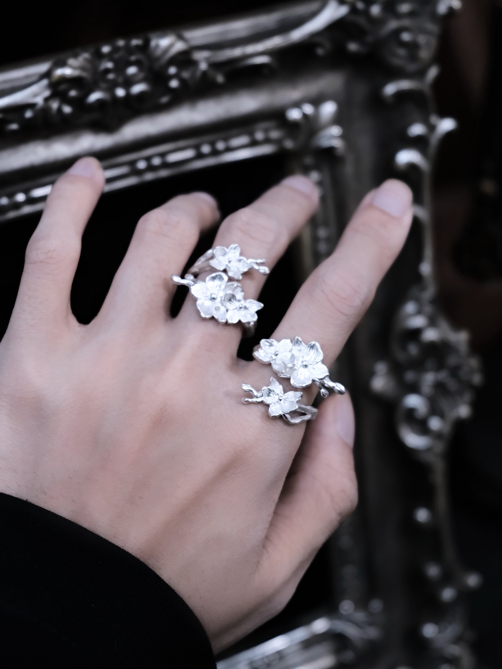 Moonlit Orchid Open Ring | Sterling Silver Butterfly Orchid Gothic Floral Ring