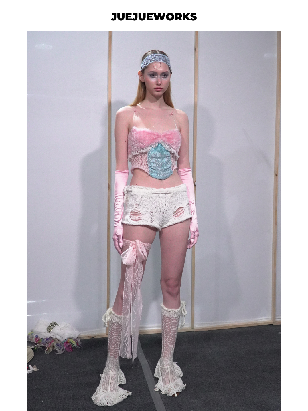 Floral Feather-Trim Mesh Corset Top