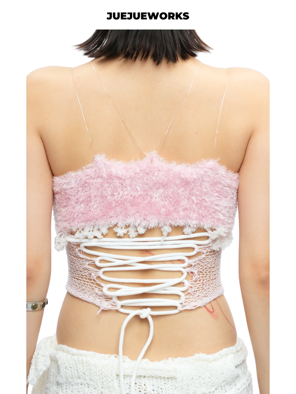 Floral Feather-Trim Mesh Corset Top