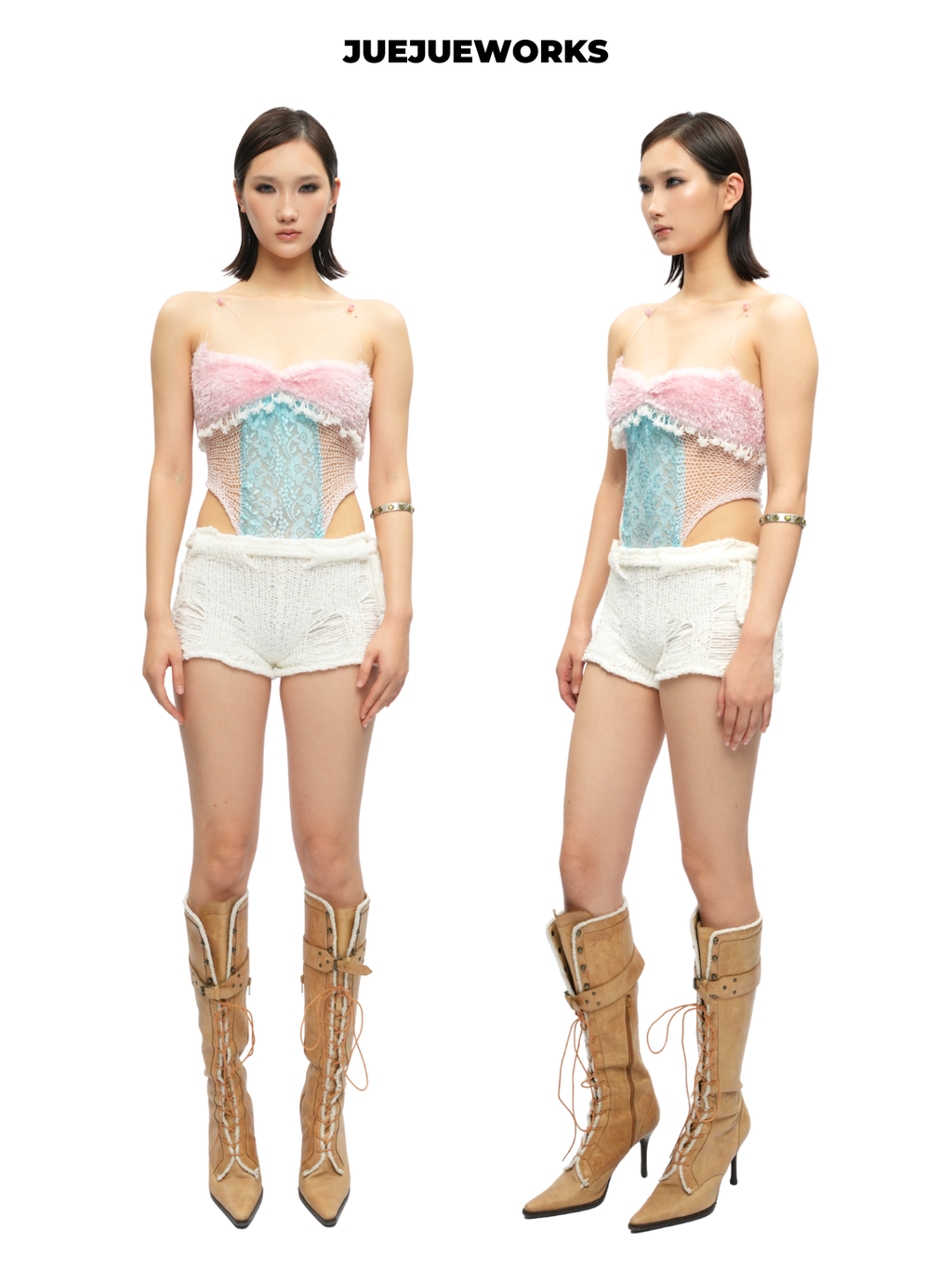 Floral Feather-Trim Mesh Corset Top