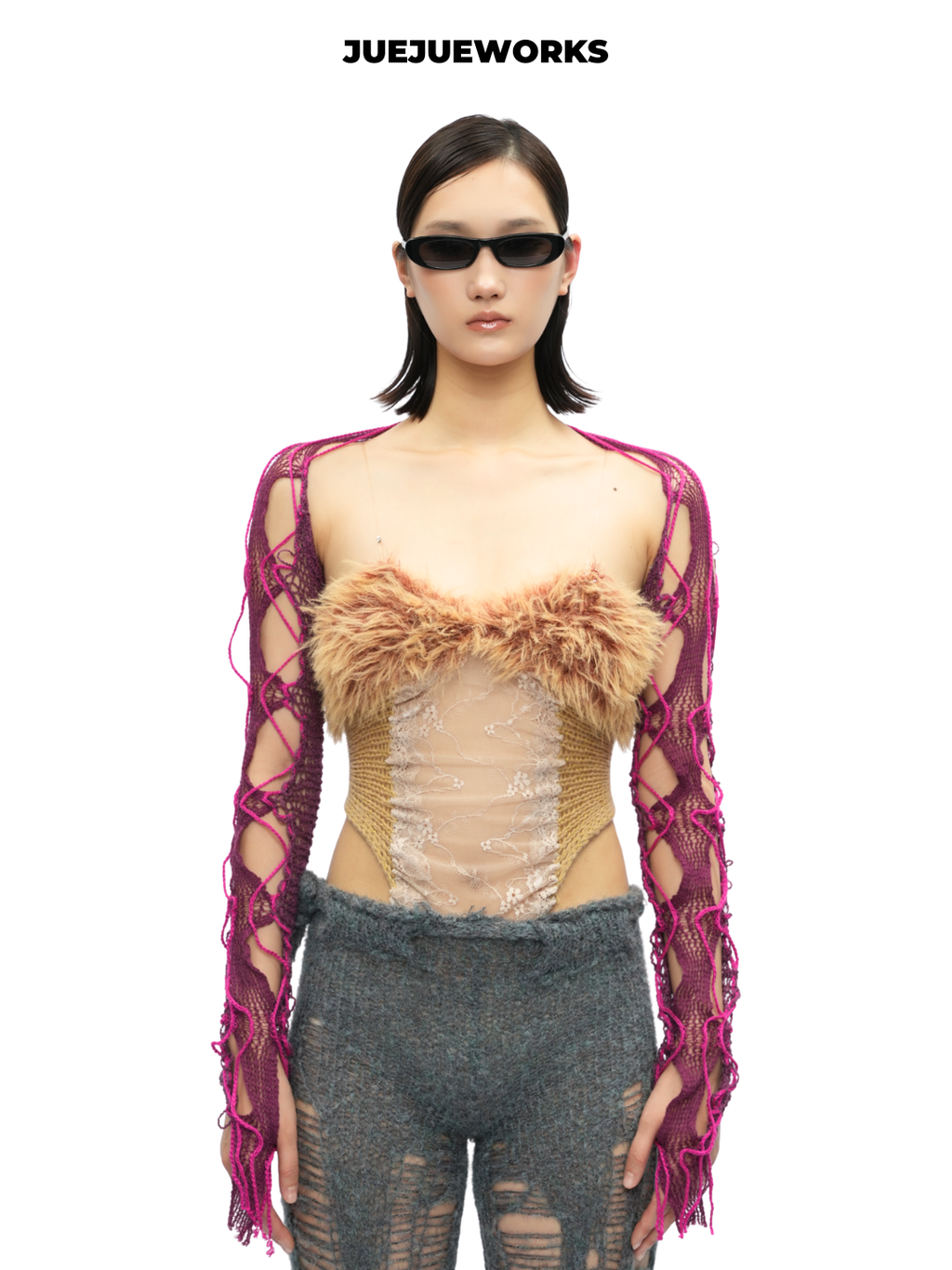 Gold Feather-Trim Mesh Corset Top