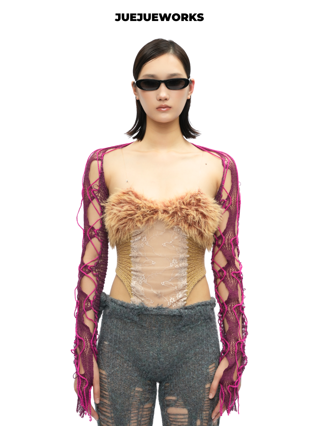 Gold Feather-Trim Mesh Corset Top