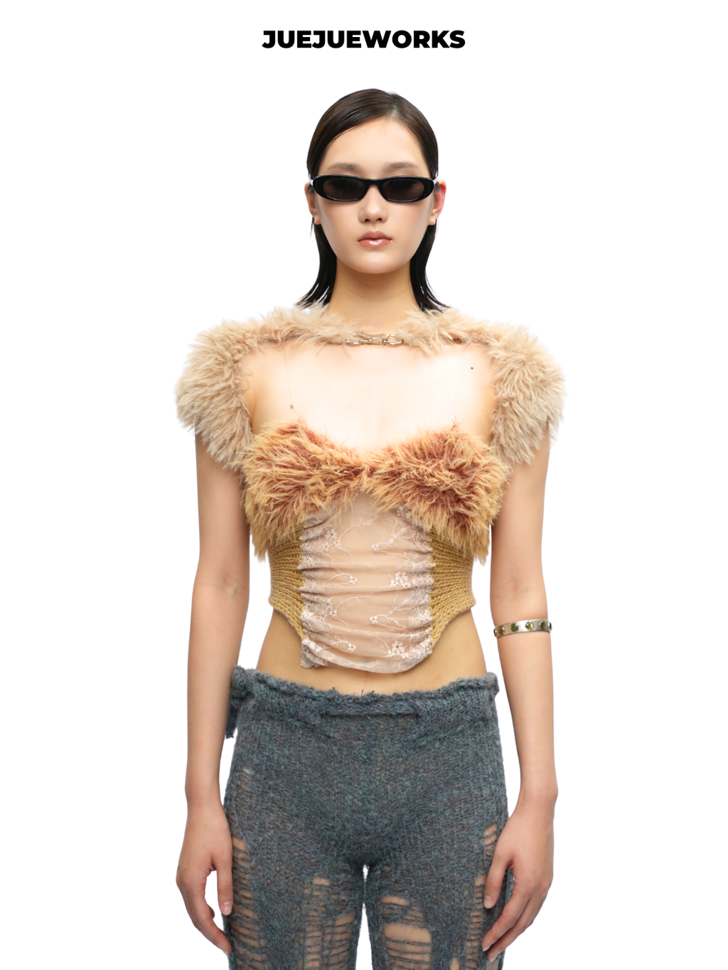Gold Feather-Trim Mesh Corset Top