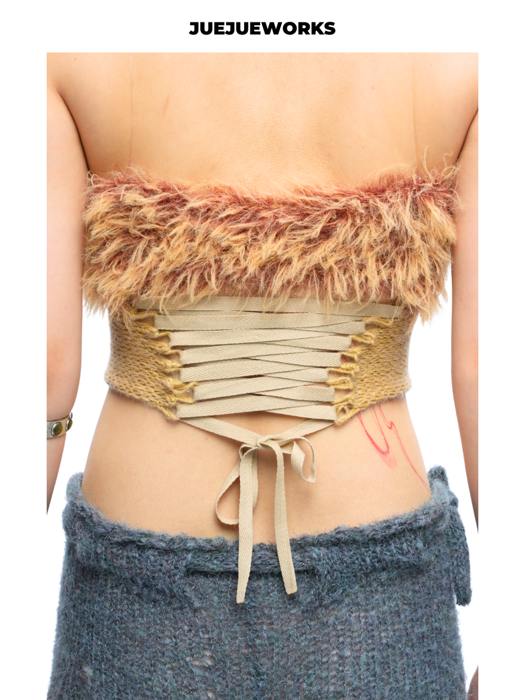 Gold Feather-Trim Mesh Corset Top
