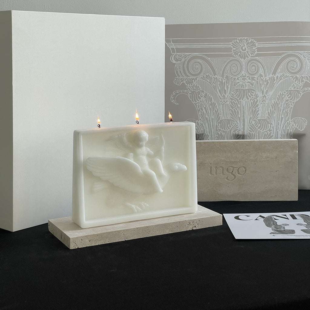 ingo | "Cupid on the Dolphin" Bas-Relief Sculpture Candle – Heavyweight Marble Base Scented Art Piece