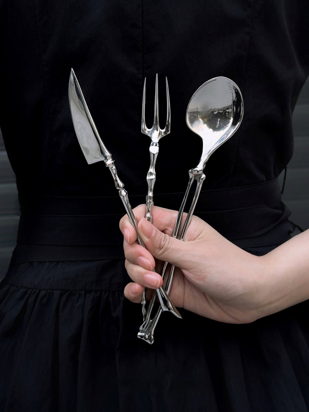 ingo | "Bony Ritual" Silver Cutlery Set – Artisan Bio-Organic Stainless Steel Knife, Fork & Spoon, Gothic Art Tableware