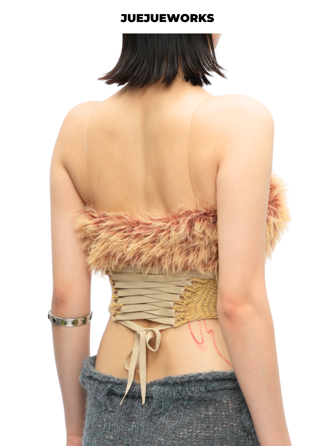 Gold Feather-Trim Mesh Corset Top