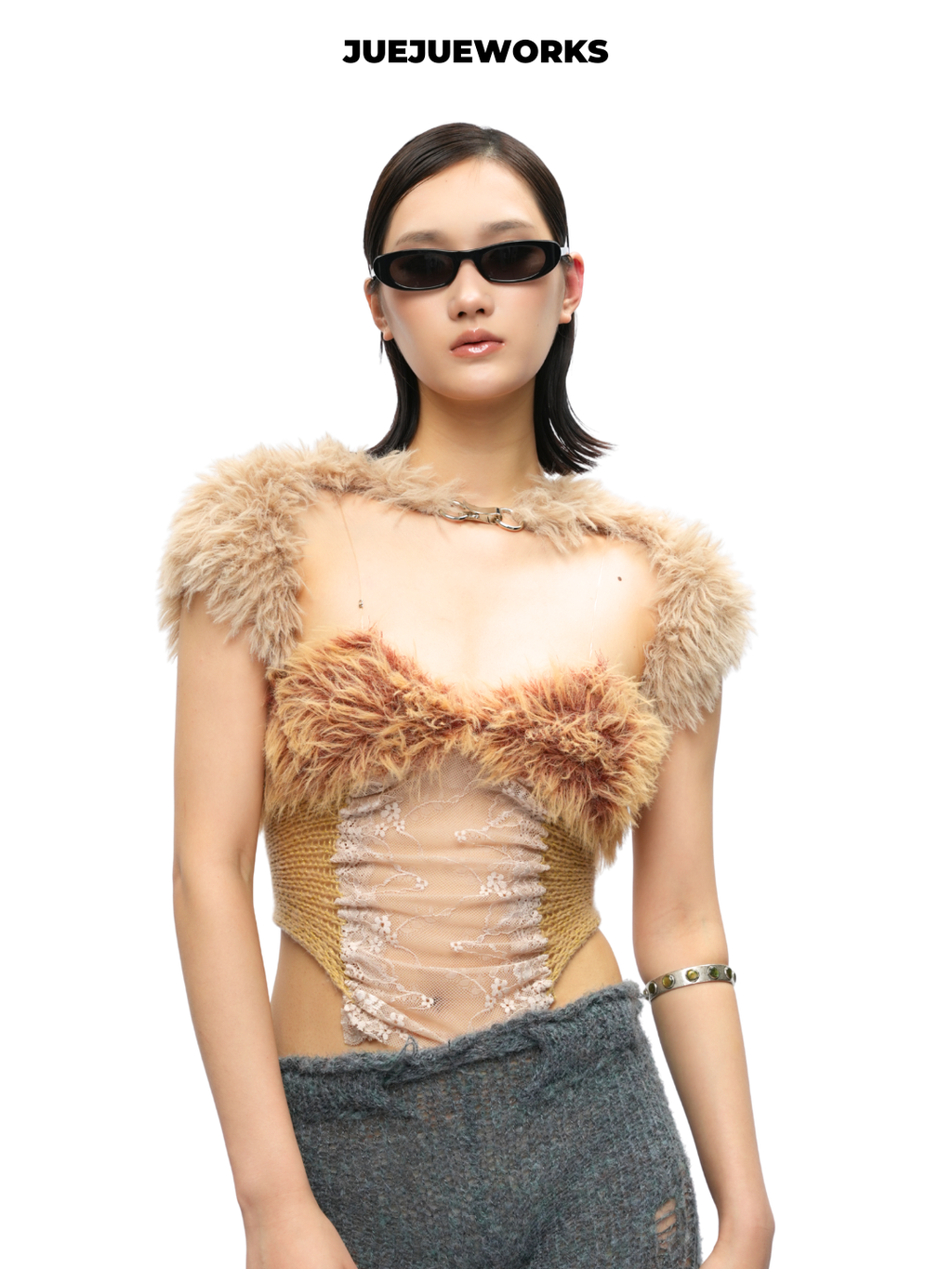 Gold Feather-Trim Mesh Corset Top