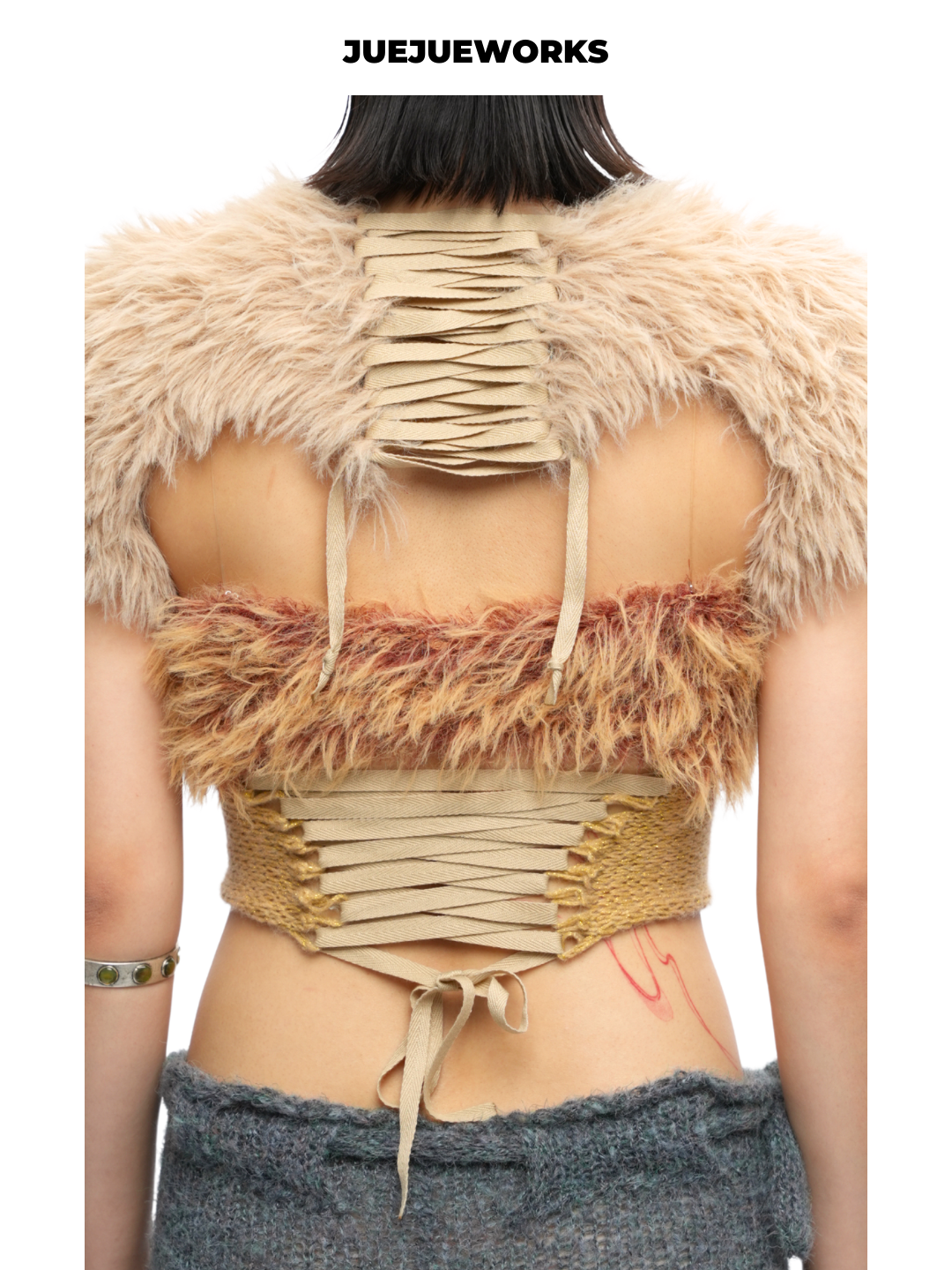 Gold Feather-Trim Mesh Corset Top