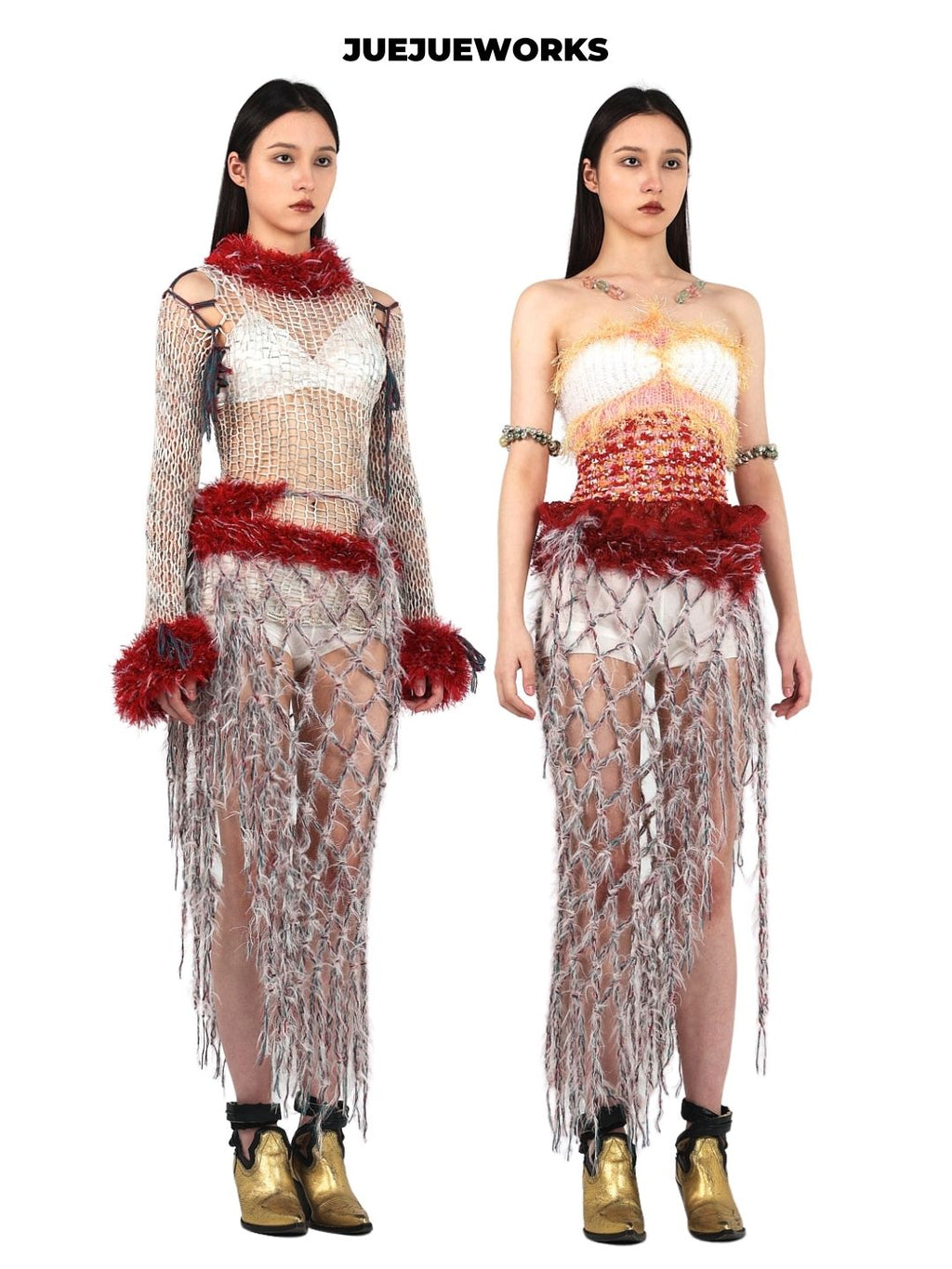 Red Web-Knit Maxi Skirt