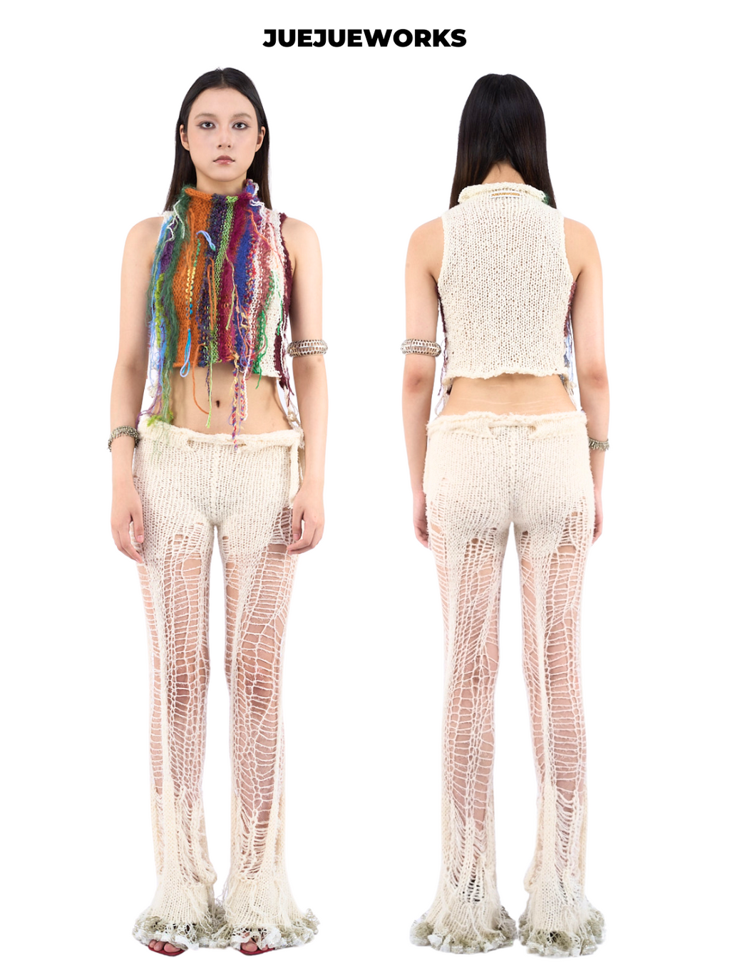 White Deconstructed Ripped Knit Trousers