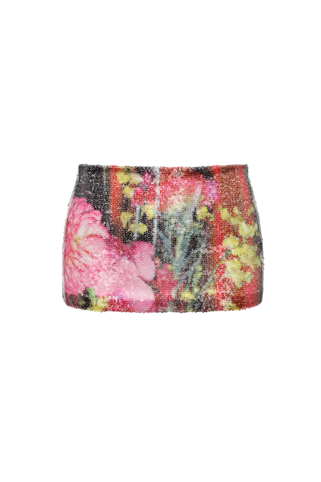 Red Floral Print Sequin Mini Skirt