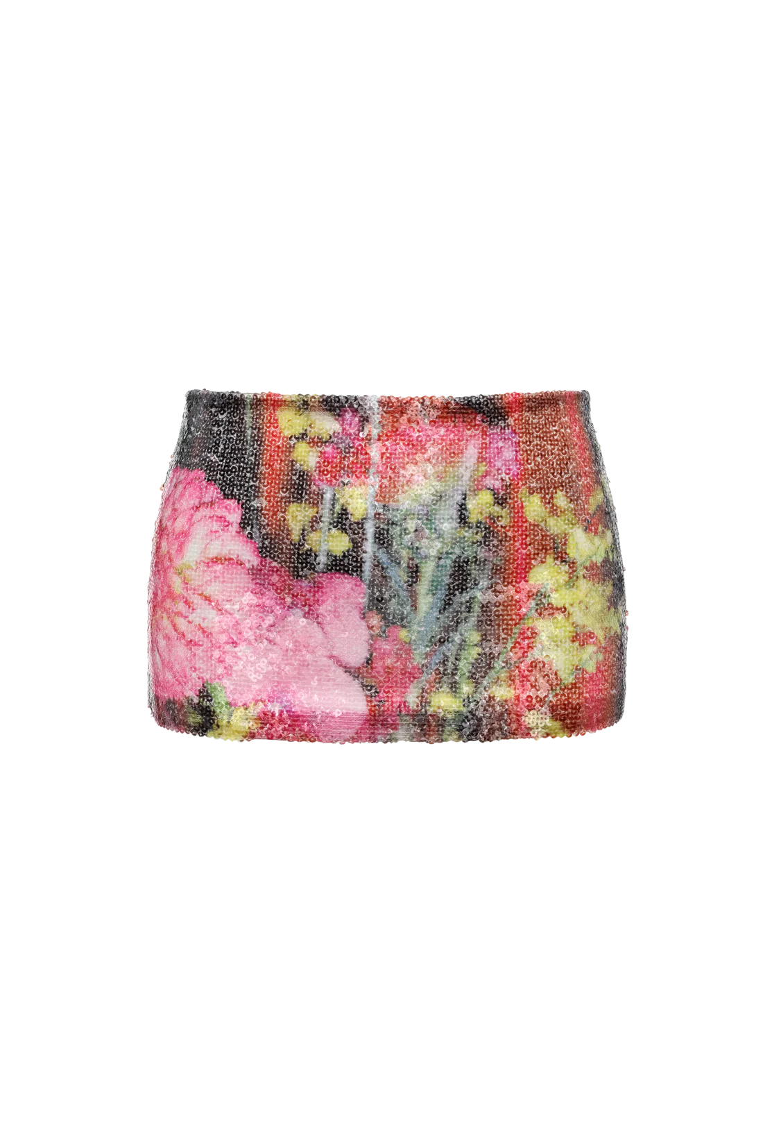 Red Floral Print Sequin Mini Skirt