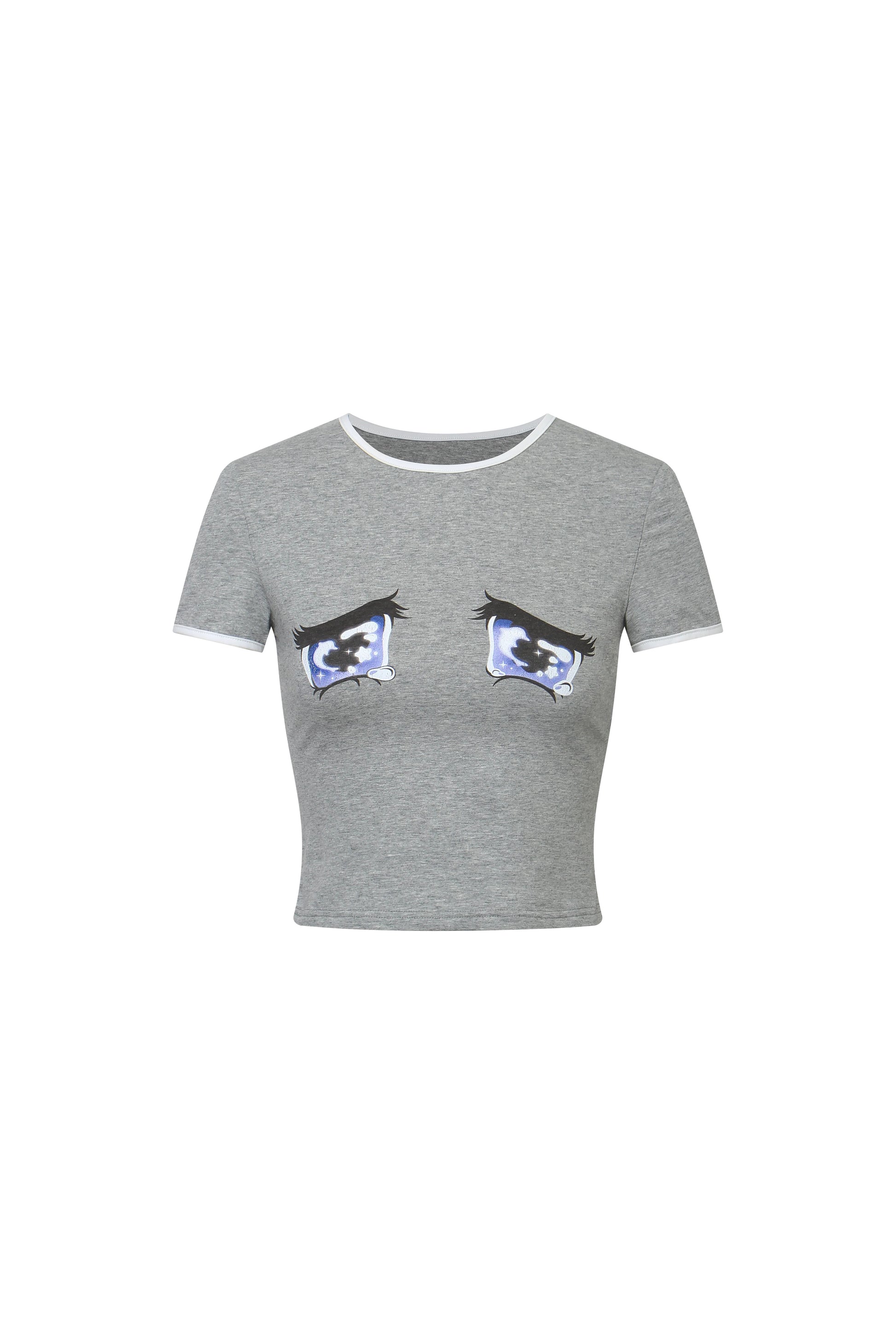 Nodress gray "No cry" crying eyes printed T-Shirt（Brooch not included）
