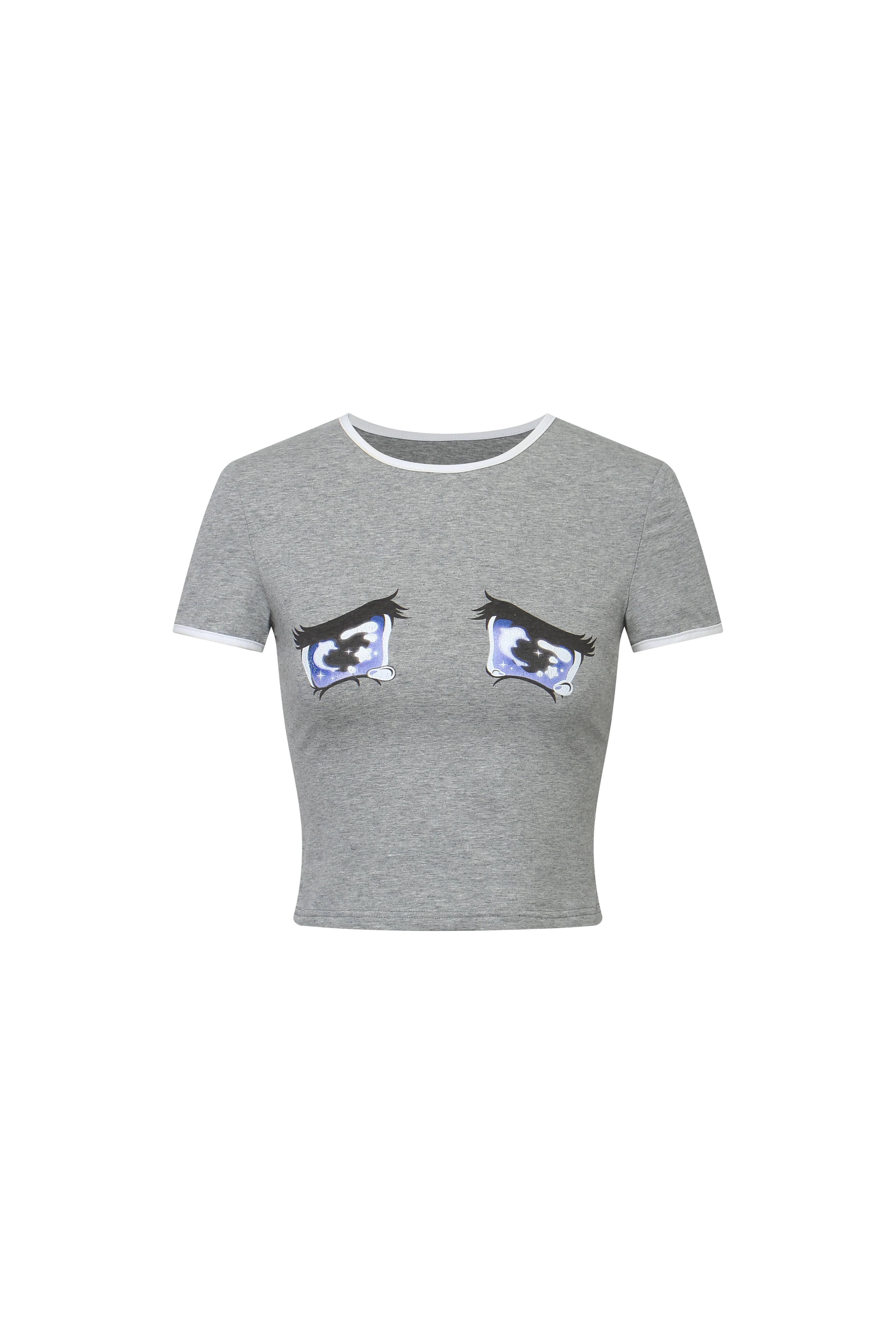 Nodress gray "No cry" crying eyes printed T-Shirt（Brooch not included）