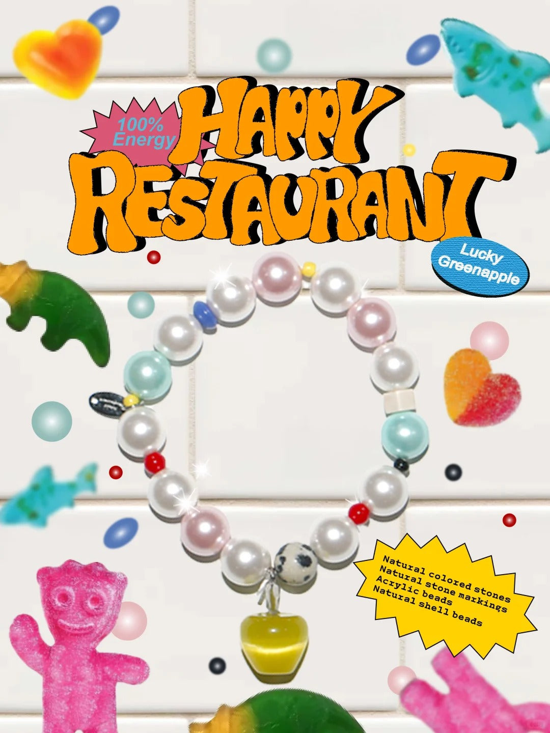 Natural Carved Mushroom & Apple Organic Stone Charm Bracelet