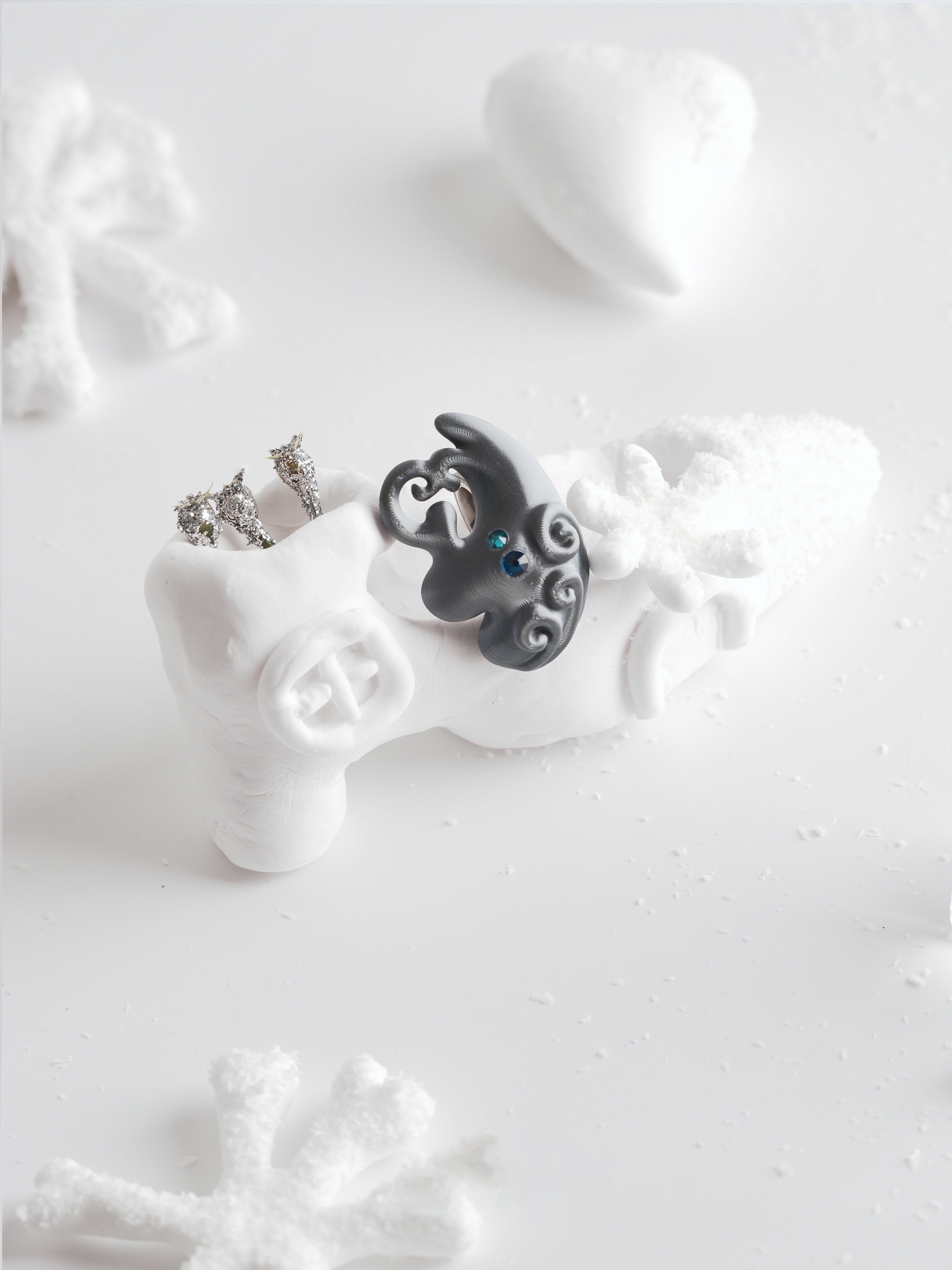 Silver Grey 3D Printed Dual-Stone Biotic Ring