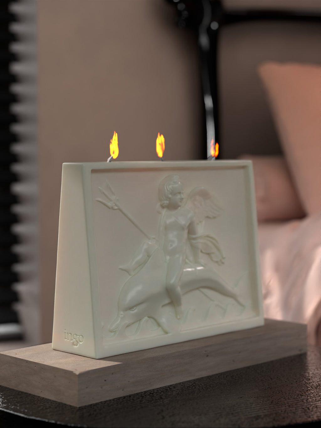 ingo | "Cupid on the Dolphin" Bas-Relief Sculpture Candle – Heavyweight Marble Base Scented Art Piece