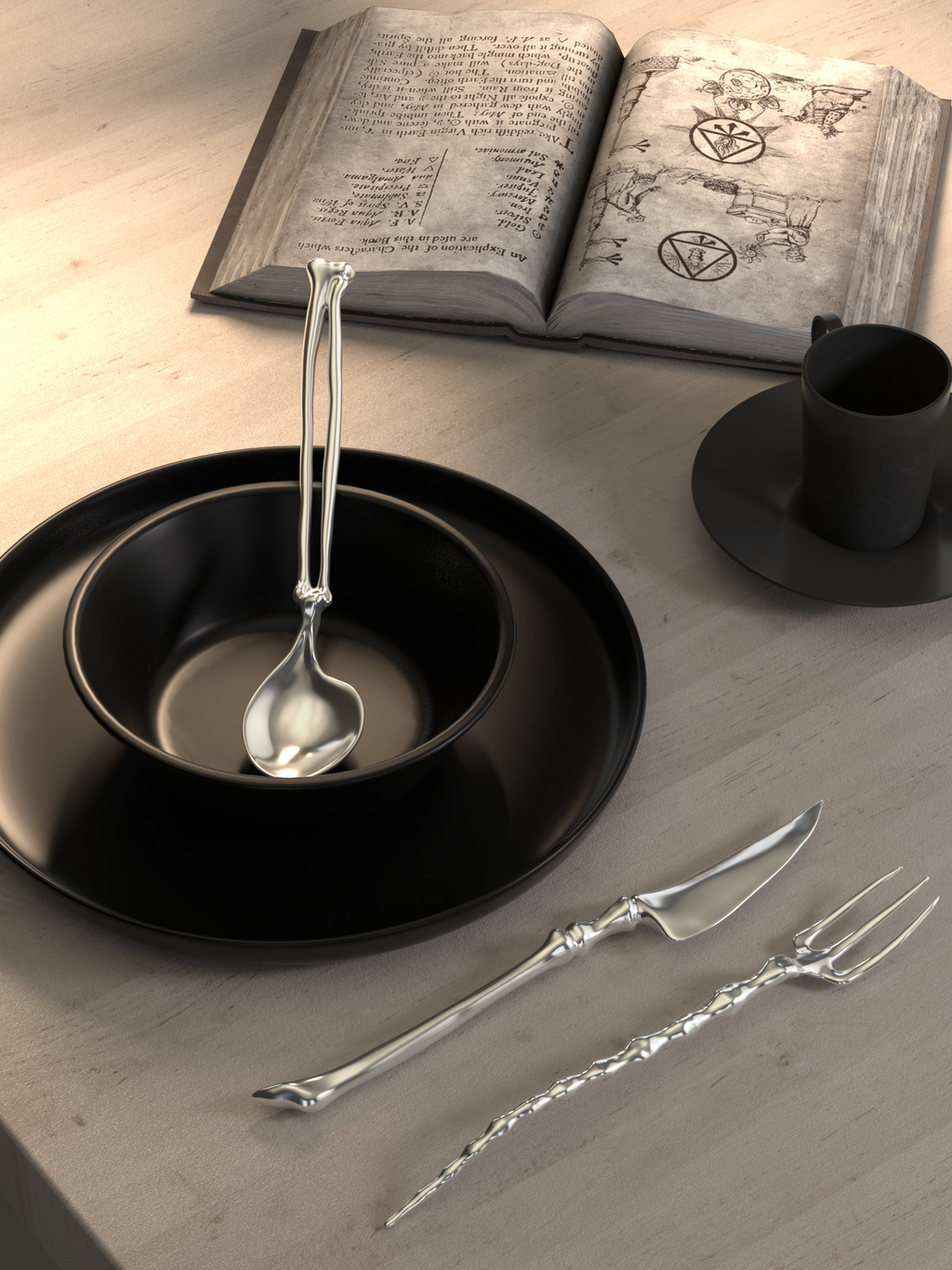 ingo | "Bony Ritual" Silver Cutlery Set – Artisan Bio-Organic Stainless Steel Knife, Fork & Spoon, Gothic Art Tableware
