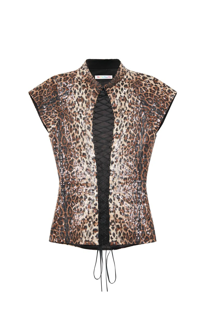 Sequin Leopard Print Lace-Up Qipao