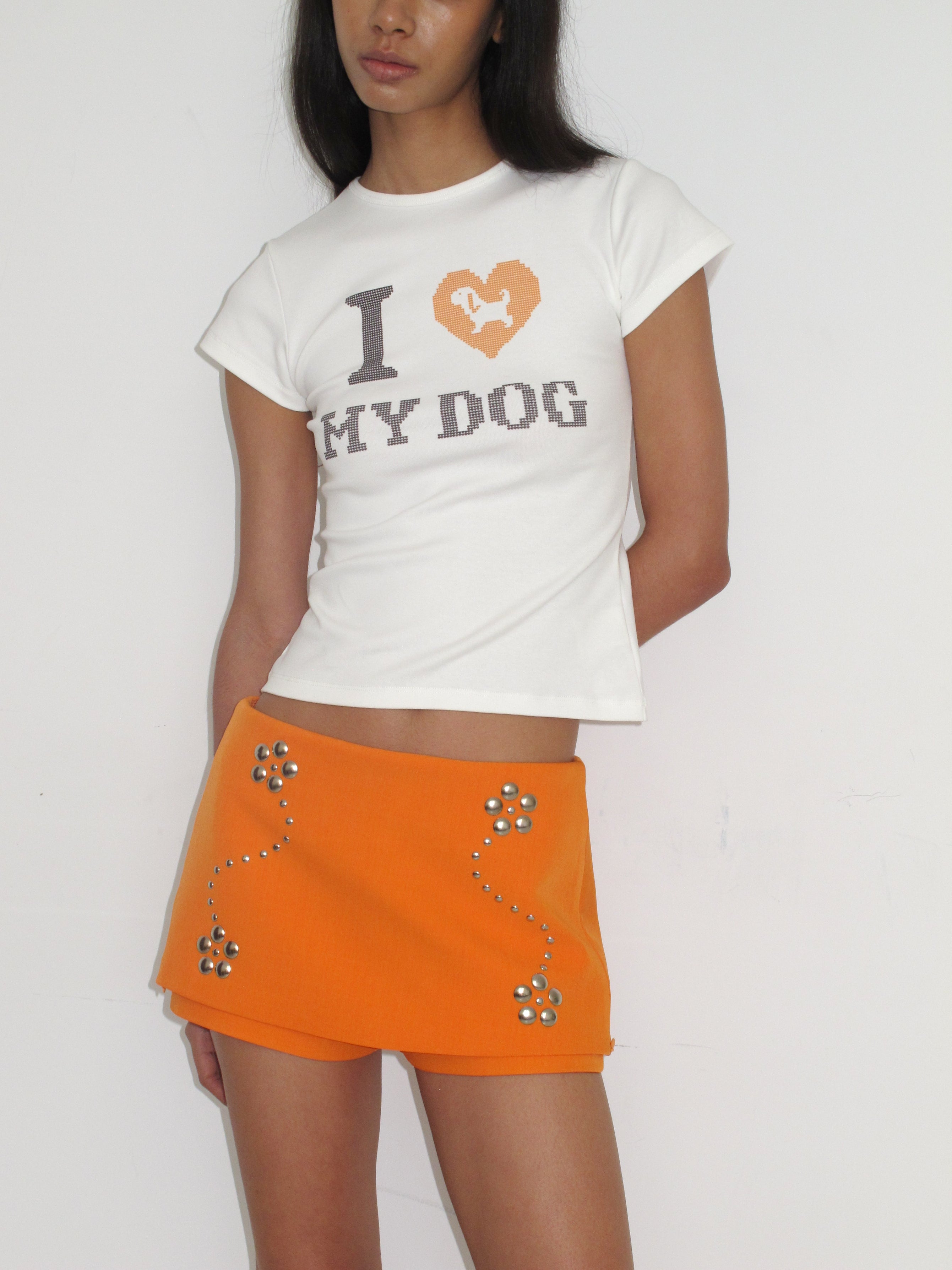 Puppy Love Orange Mini Skirt | Playful Graphic Low-Rise Summer Skirt