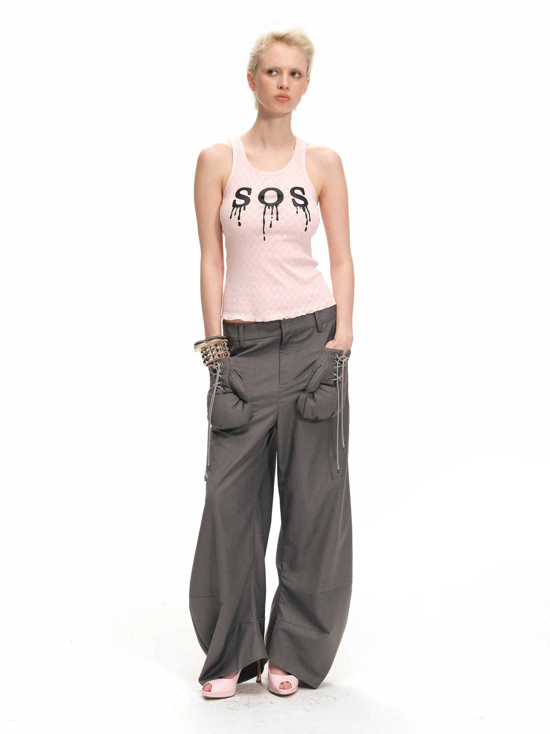 Gray Boxing Glove Low-Rise Suit Pants