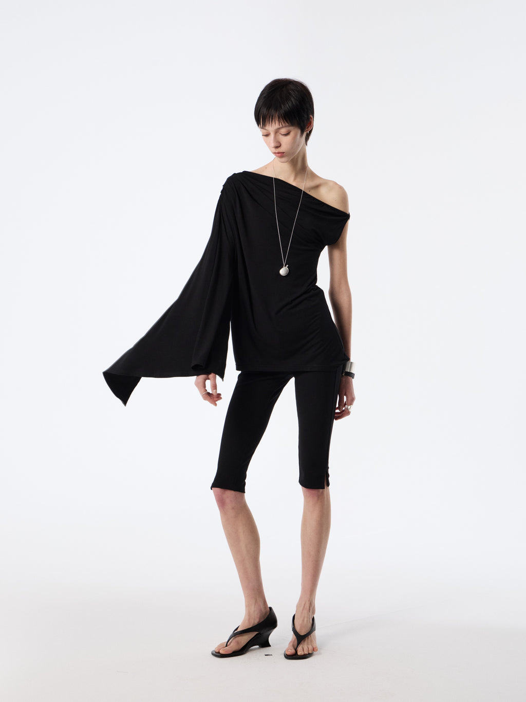 Black Drape-Shoulder Convertible Top | Ruched Cowl Neck Waist-Sculpting Blouse