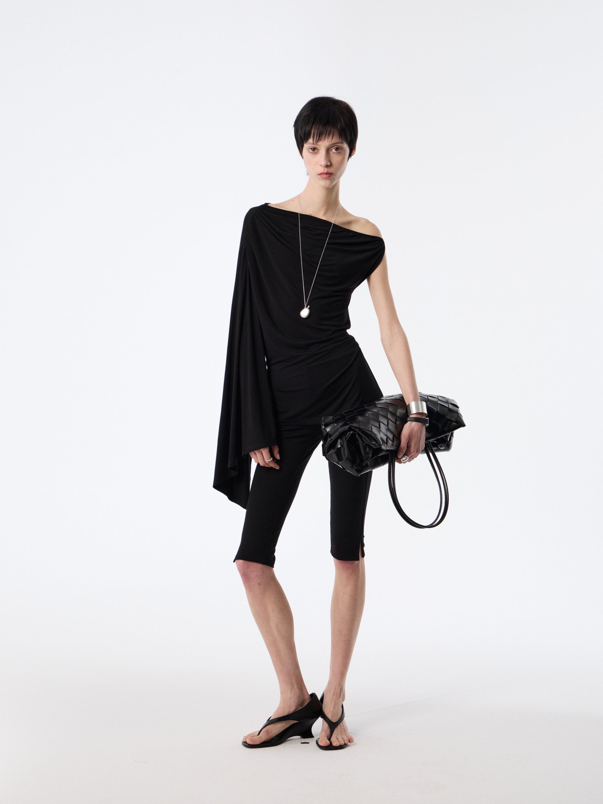 Black Drape-Shoulder Convertible Top | Ruched Cowl Neck Waist-Sculpting Blouse