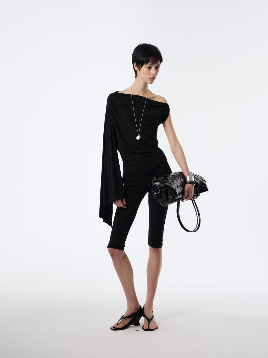 Black Drape-Shoulder Convertible Top | Ruched Cowl Neck Waist-Sculpting Blouse