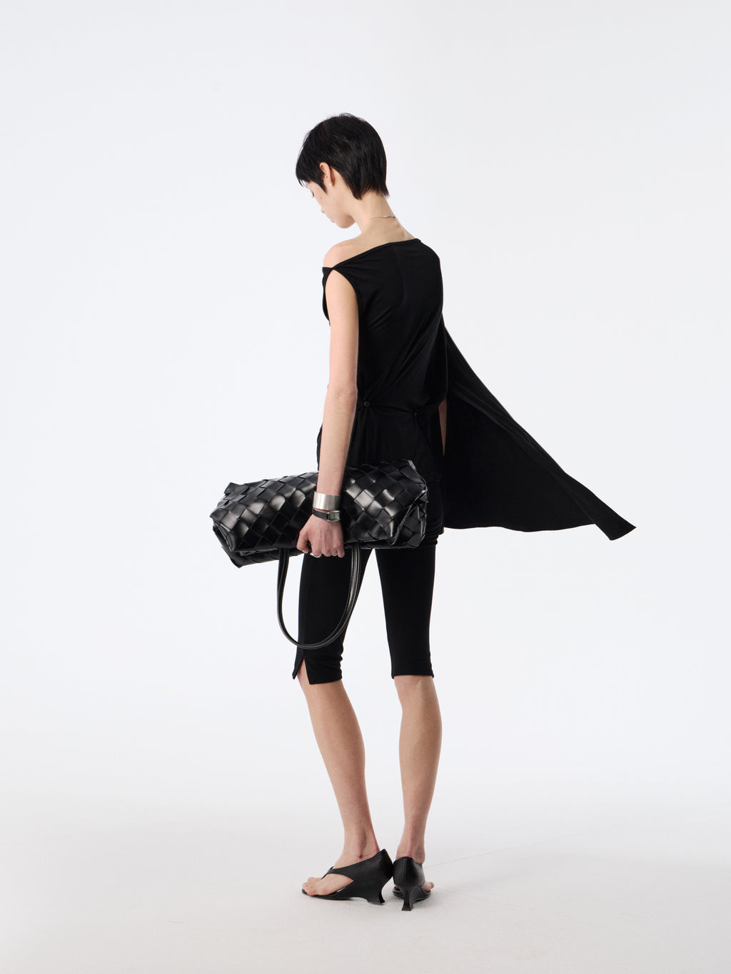 Black Drape-Shoulder Convertible Top | Ruched Cowl Neck Waist-Sculpting Blouse
