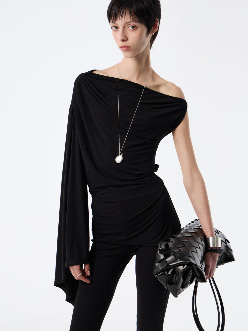 Black Drape-Shoulder Convertible Top | Ruched Cowl Neck Waist-Sculpting Blouse