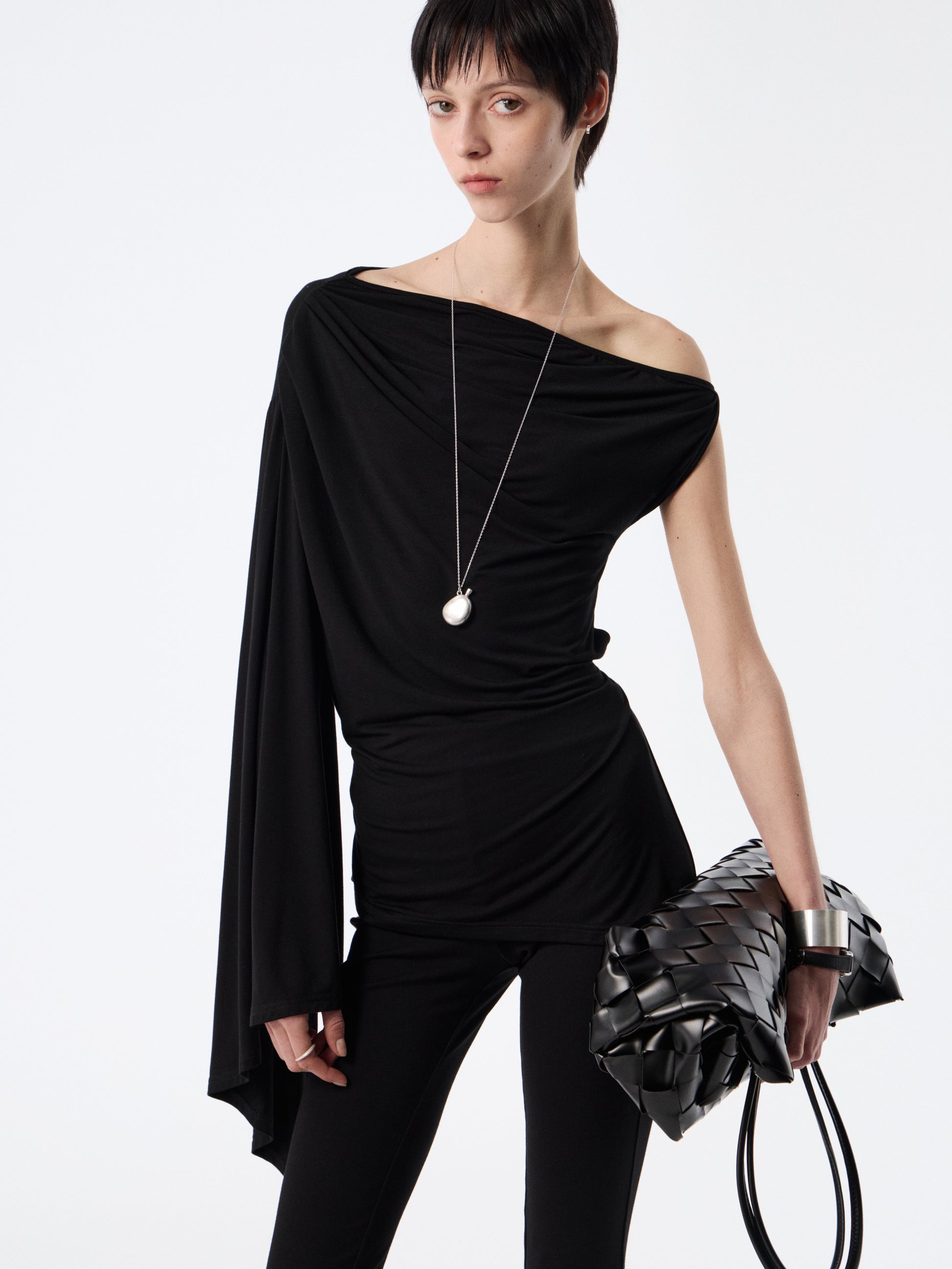 Black Drape-Shoulder Convertible Top | Ruched Cowl Neck Waist-Sculpting Blouse