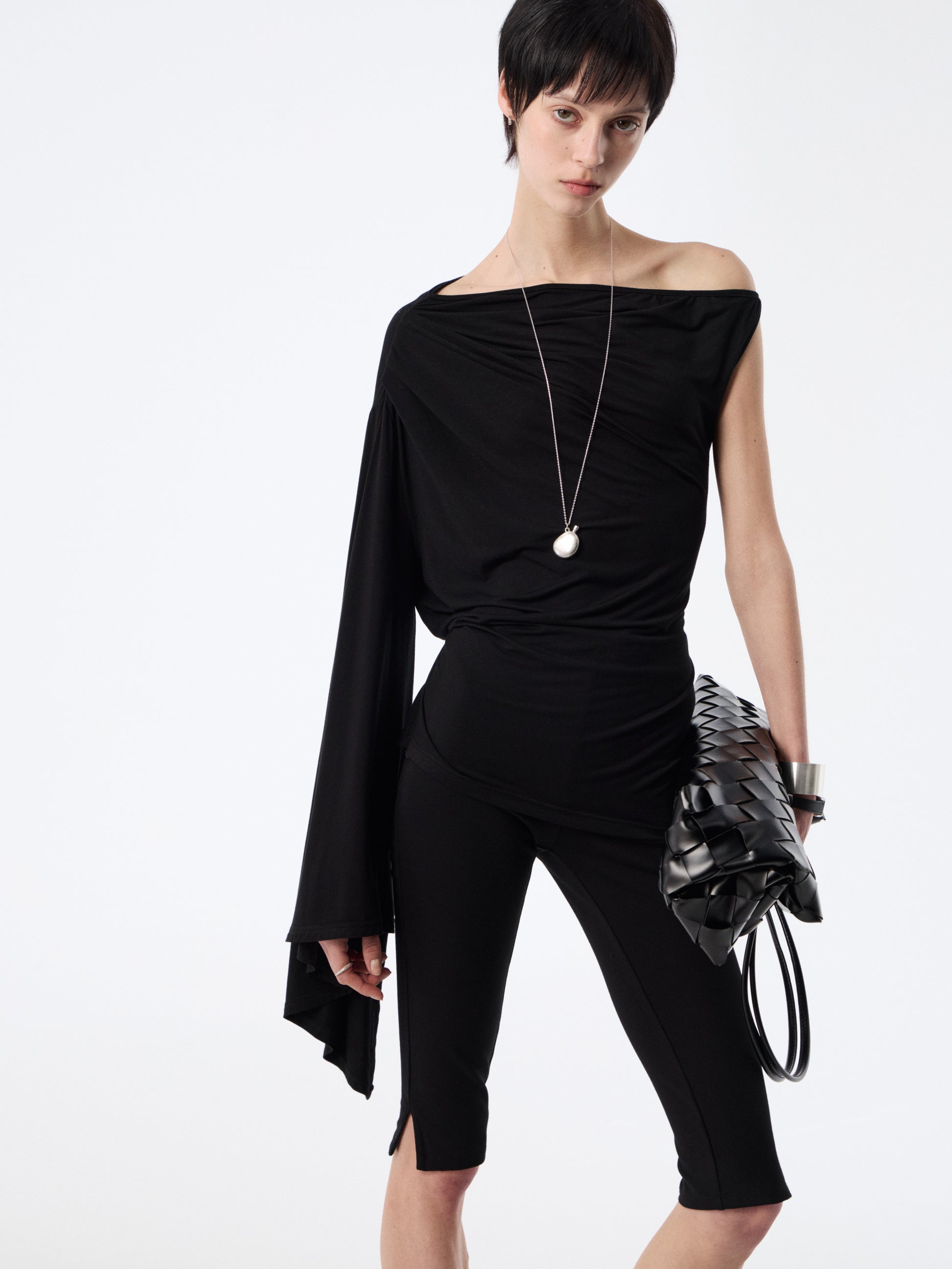 Black Drape-Shoulder Convertible Top | Ruched Cowl Neck Waist-Sculpting Blouse