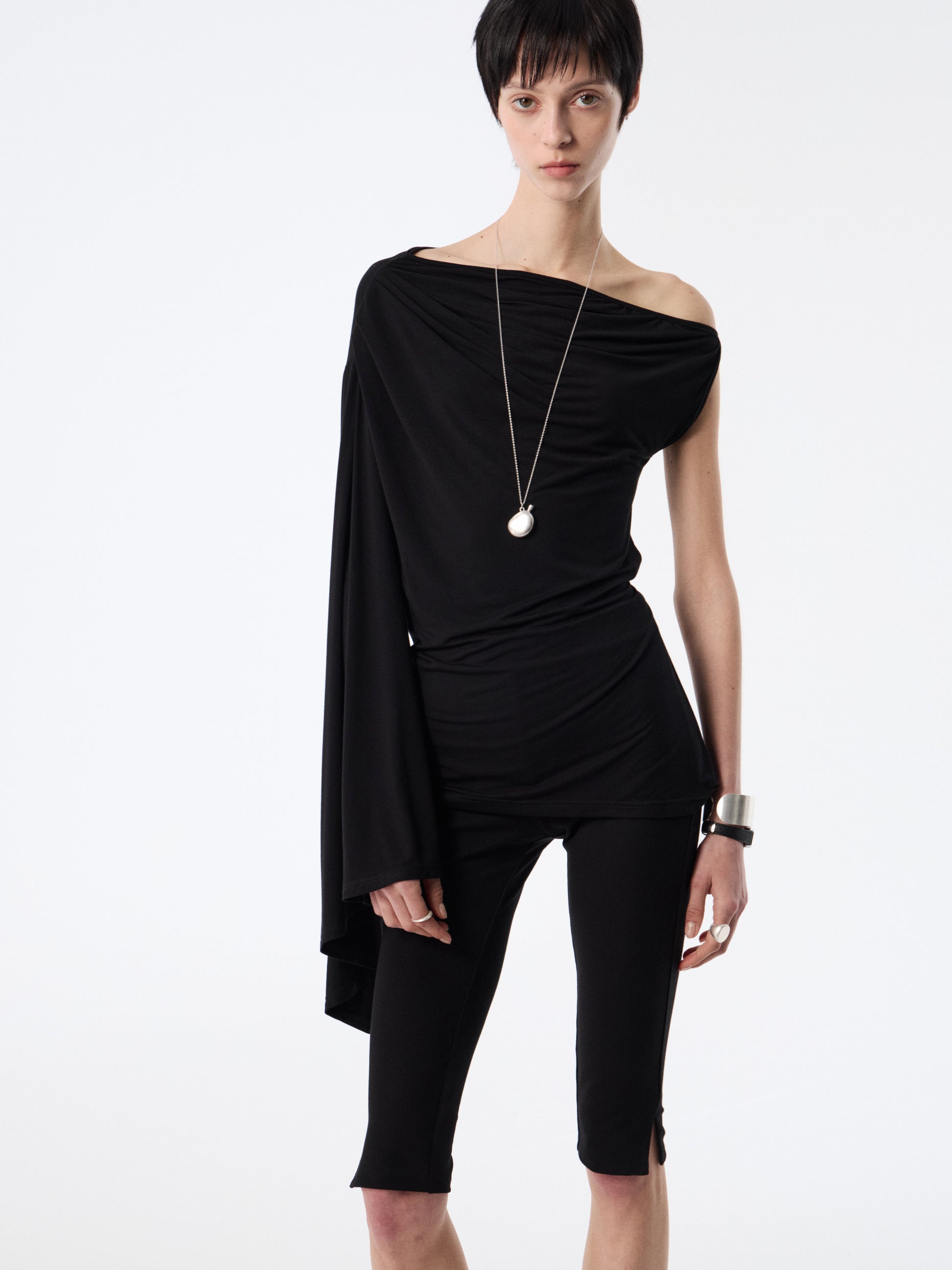 Black Drape-Shoulder Convertible Top | Ruched Cowl Neck Waist-Sculpting Blouse