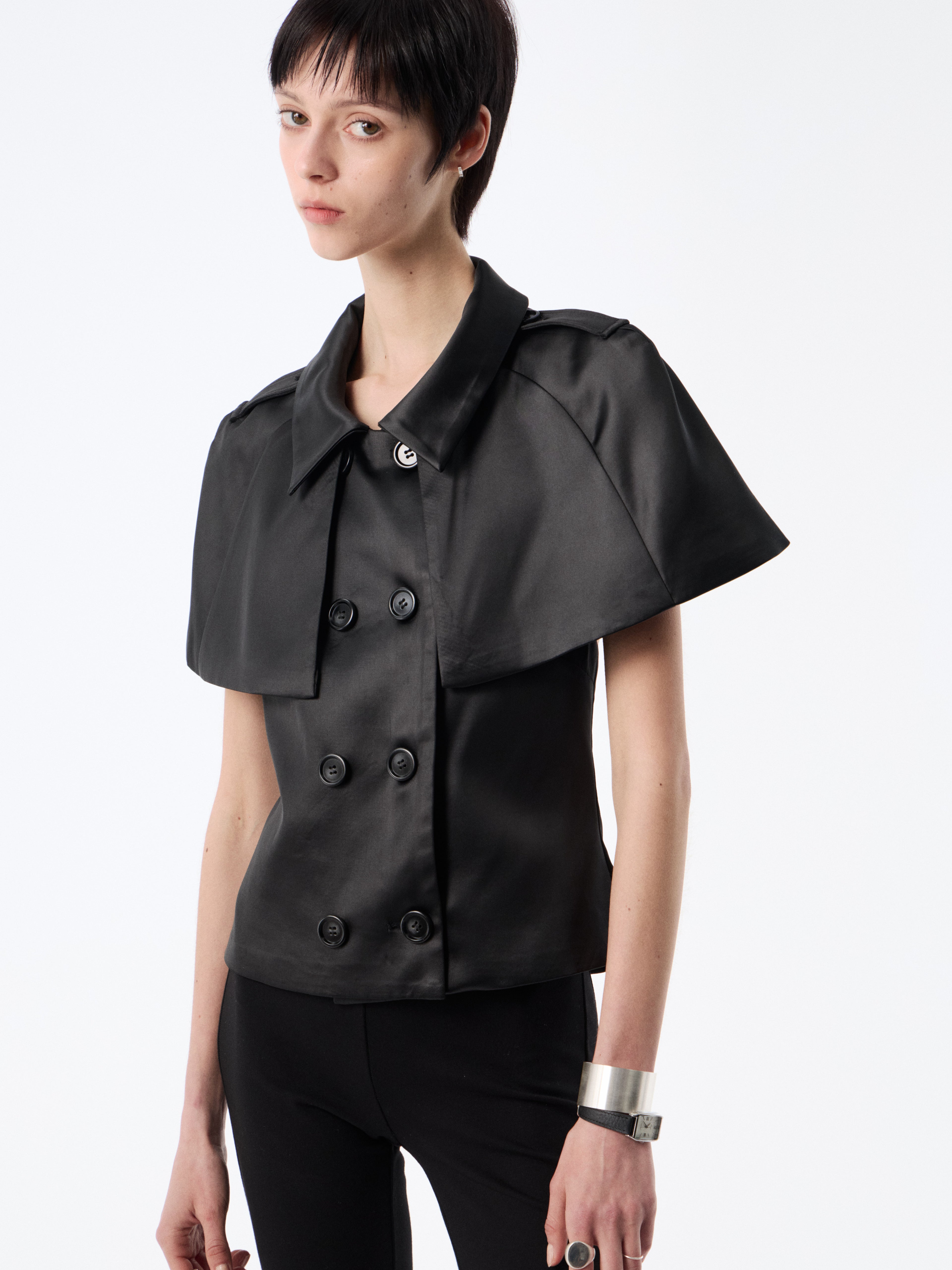Black Satin Open-Back Cape Blazer Top | Double-Breasted Waist-Sculpting Statement Top